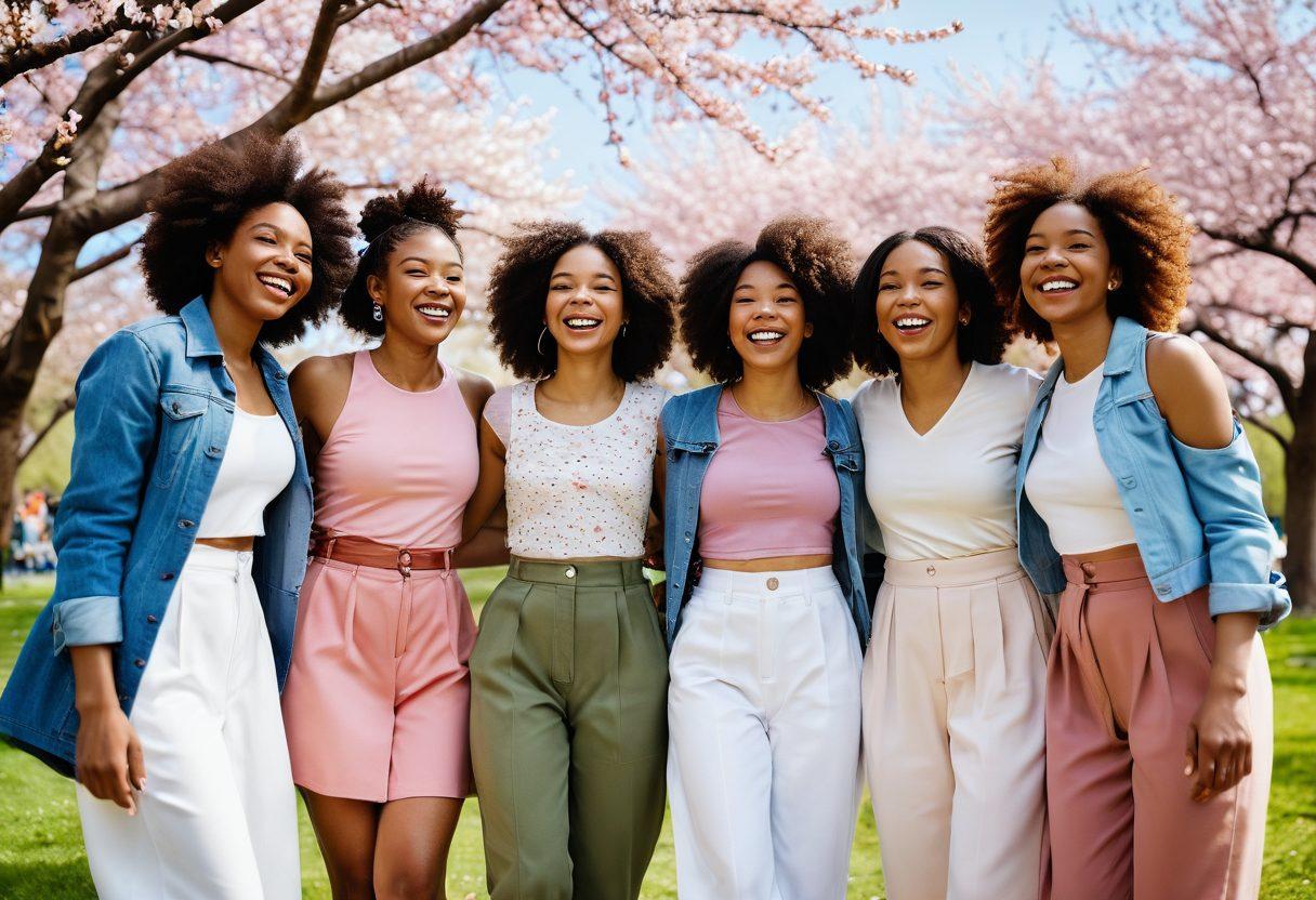 A diverse group of young women joyfully interacting in an urban park, surrounded by blossoming cherry blossom trees symbolizing growth and renewal. They share laughter, conversations, and embrace, representing love, friendship, and self-love. Include colorful details like uplifting quote banners floating in the air and stylish outfits reflecting modern fashion. warm tones to evoke positivity. vibrant colors. 3D.