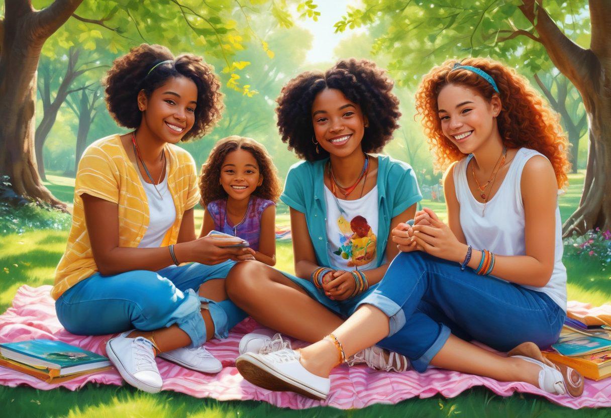 A vibrant illustration of diverse girls of various backgrounds, sitting together in a lush park, sharing stories and laughter. Incorporate elements like friendship bracelets, books, and a cozy picnic setup that symbolize empowerment and support. The setting should radiate warmth, with sunlight filtering through the trees, enhancing the feeling of growth and connection. Aim for a colorful, inviting style that captures the essence of girlhood. super-realistic. vibrant colors. soft background.