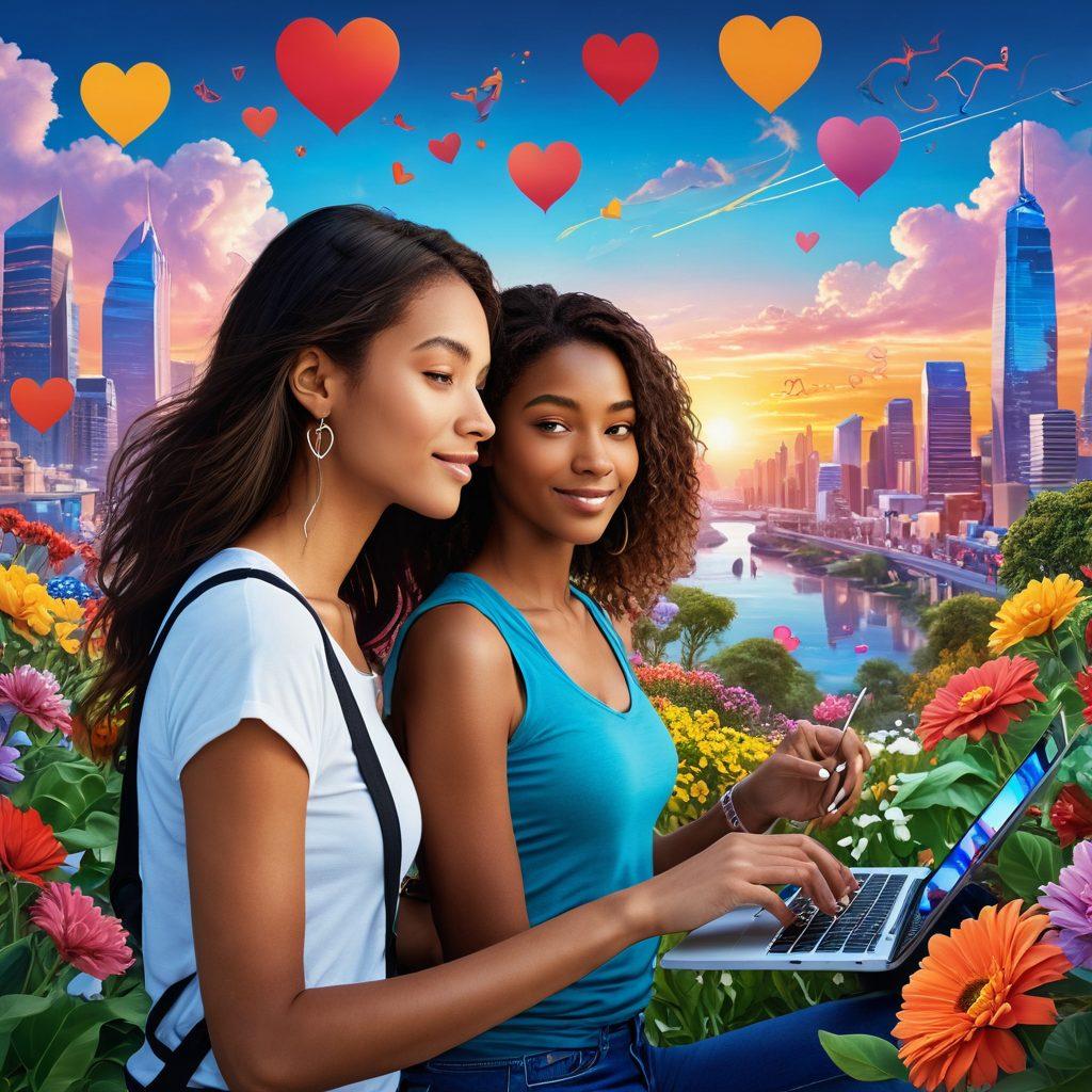 A young woman confidently exploring a vibrant digital landscape filled with interconnected paths symbolizing empowerment and connection. She is surrounded by colorful symbols of love, such as hearts and flowers, representing self-love. The background features a bright skyline of digital devices, emphasizing technology's role in her journey. The color scheme is lively and uplifting, showcasing a harmonious blend of warm and cool tones. super-realistic. vibrant colors. 3D.